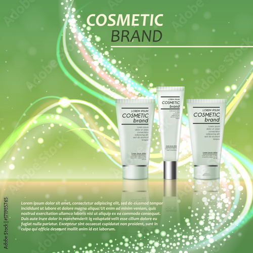 3D realistic cosmetic bottle ads template. Cosmetic brand advertising concept design with glitters and bokeh background