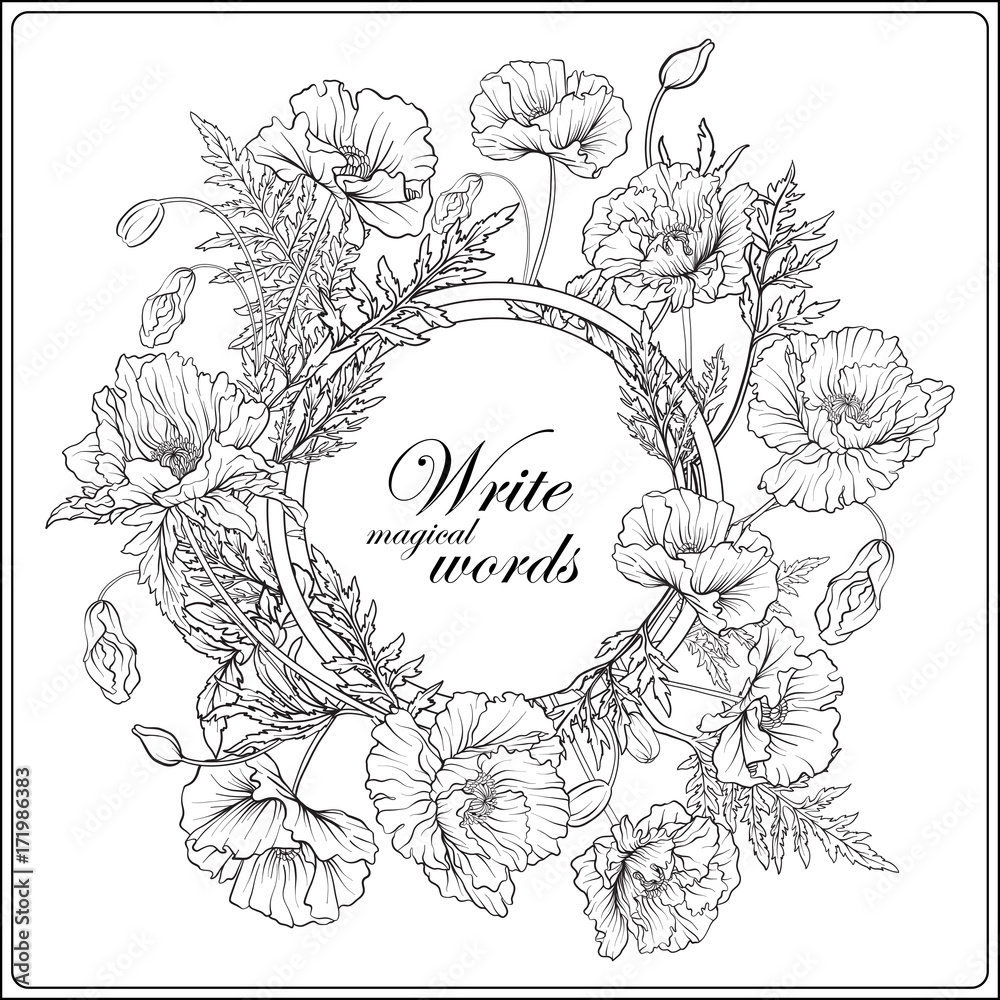 Card with poppies Outline hand drawing coloring page for adult coloring book.
Stock line vector illustration. Card with poppies Outline hand drawing coloring page for adult coloring book.
Stock line vector illustration.
