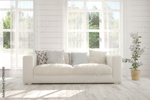 Idea of white room with sofa and summer landscape in window. Scandinavian interior design. 3D illustration