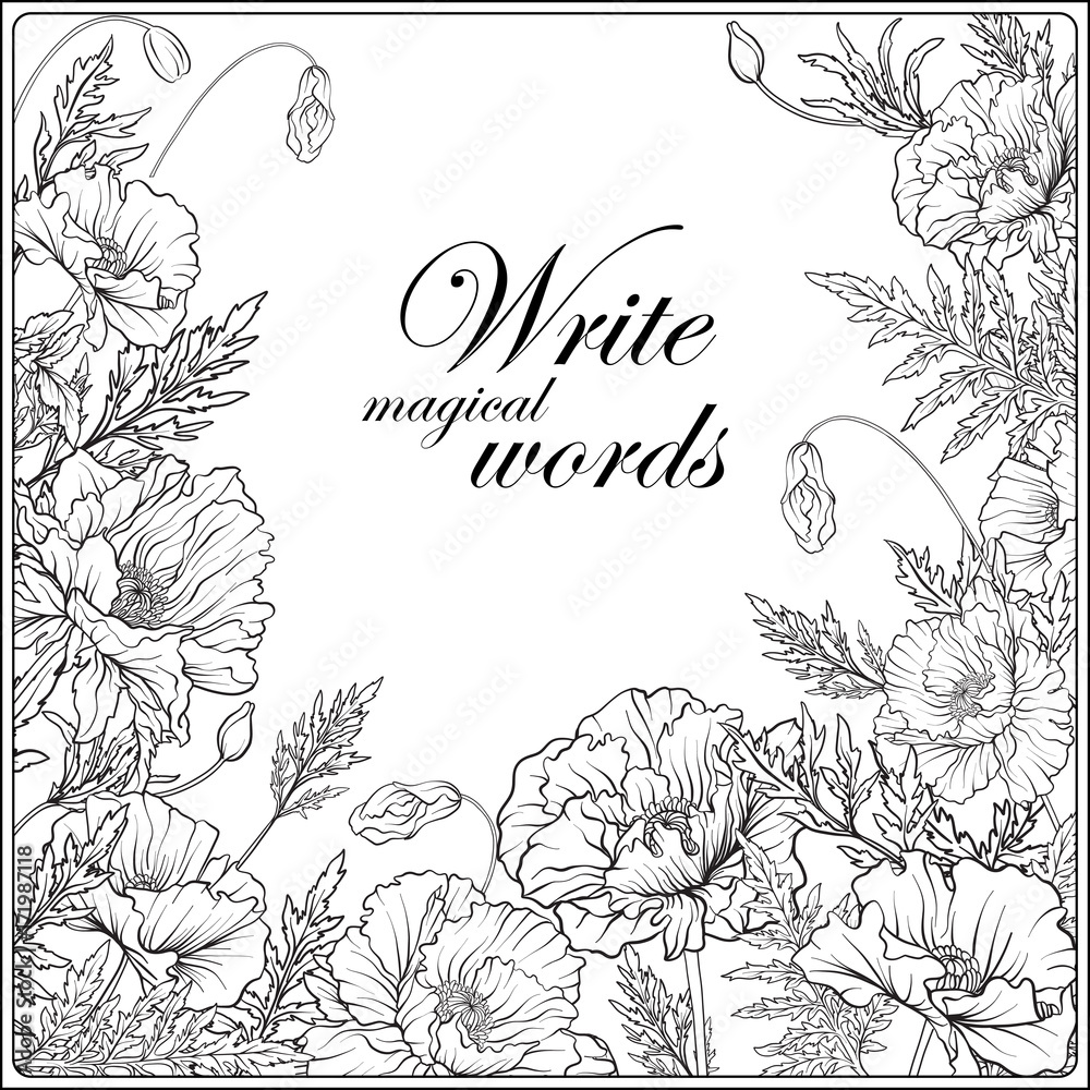 Φωτογραφία Card with poppies Outline hand drawing coloring page for adult coloring book