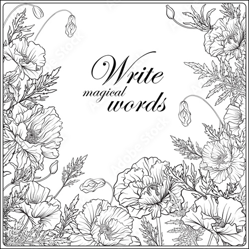 Card with poppies Outline hand drawing coloring page for adult coloring book. Stock line vector illustration.