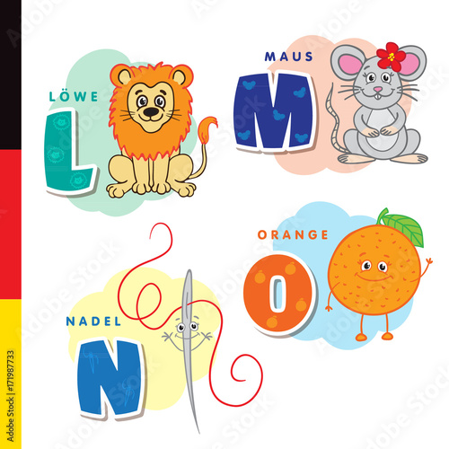 Deutsch alphabet. Lion, mouse, stylus, orange. Vector letters and characters