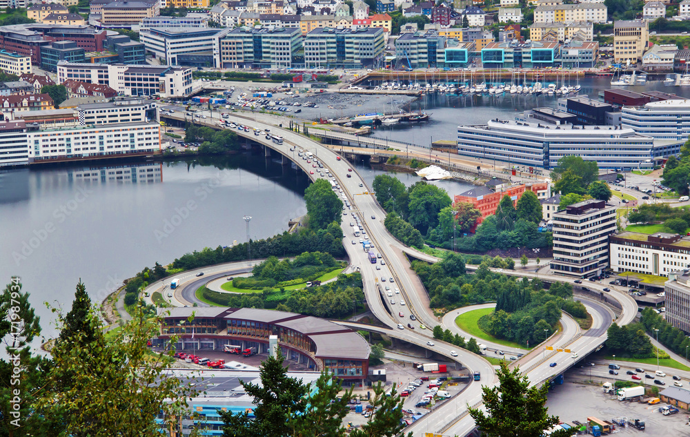 Aeriel view of a freeway interchange, Bergen, Norway.