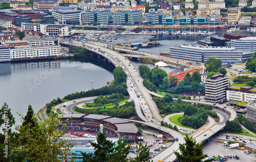 Aeriel view of a freeway interchange, Bergen, Norway.