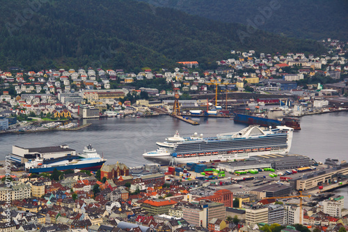 Bergen industrial port with cranes and passenger ship. фототапет