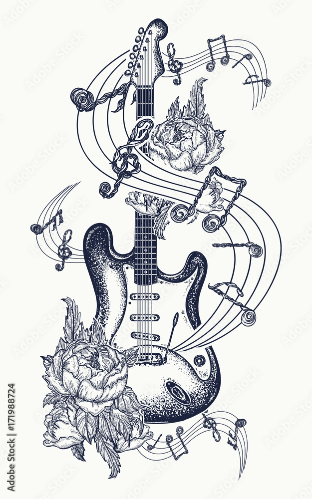 Guitar tattoo Electric guitar roses and music notes Rock and roll  tshirt design Symbol of rock music musical festivals Electric guitar  tattoo art print Stock Vector  Adobe Stock