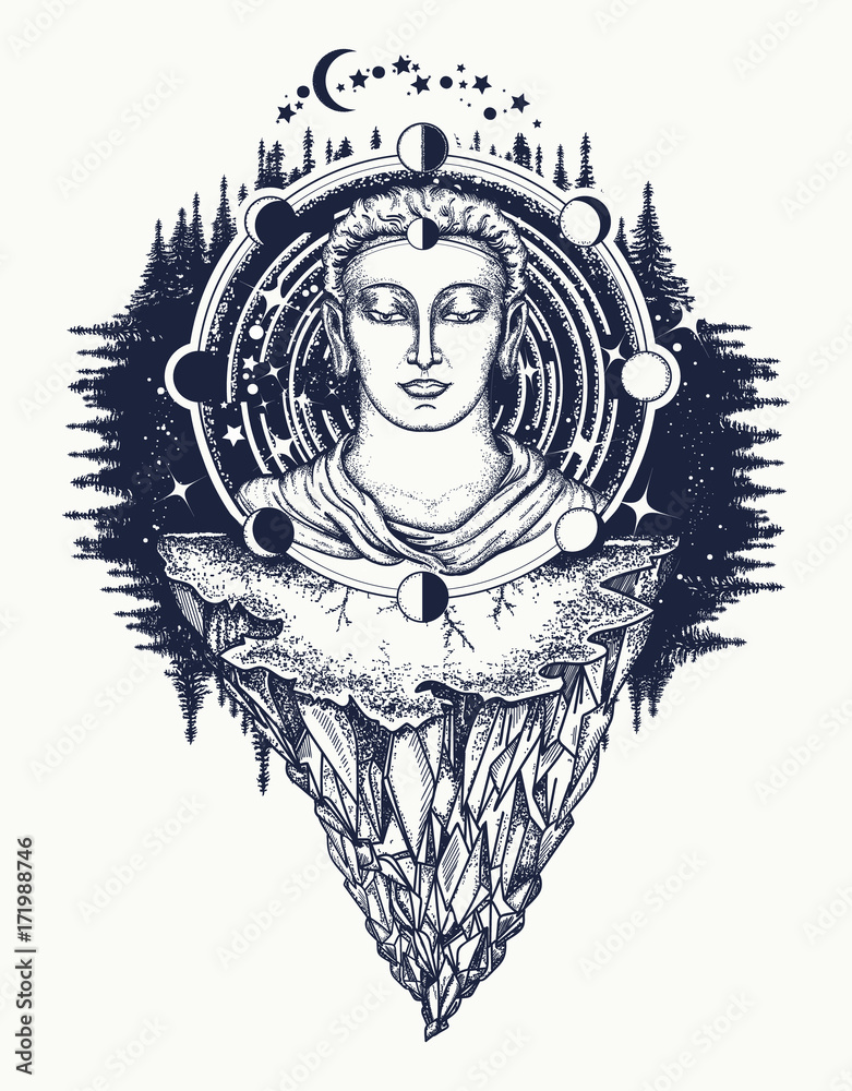 Buddha in deep space t-shirt design. Symbol of immortality, enlightenment,  religion, magic. Space god. Sacred sign rebirth of the soul, Buddhism tattoo.  Buddha face tattoo art Stock Vector | Adobe Stock