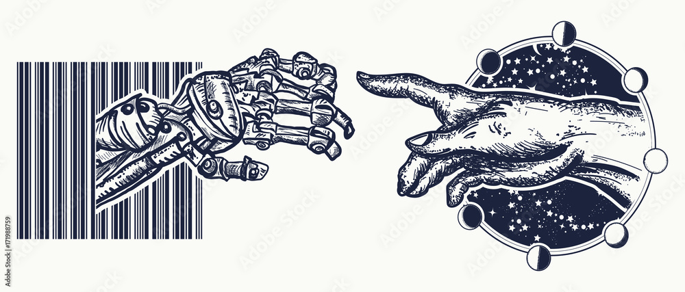 Human and robot's hands tattoo. Symbol of spirituality, religion, connection and interaction, people and artificial intelligence. Robot hands touching with human fingers tattoo and t-shirt design Stock Vector