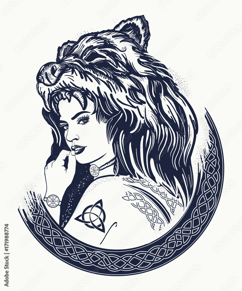 Warrior woman tattoo. Tribal strong woman in a skin of a bear. Symbol of  Scandinavia, valhhala, Valkyrie. Girl of the North. Woman hunter t-shirt  design Stock Vector | Adobe Stock