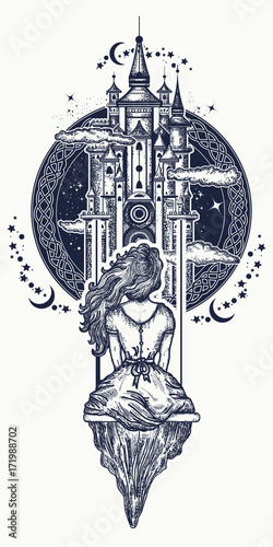 Magic girl tattoo and t-shirt design. Medieval castle and girl on swing flies to sky tattoo art. Symbol of dream, love, imagination, adventures, fairy tale