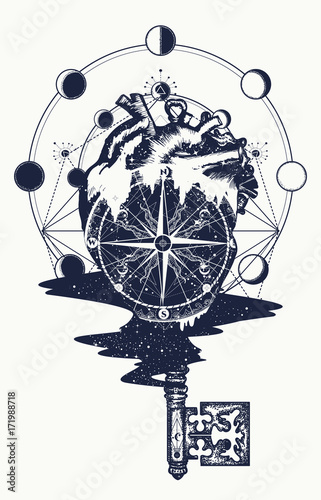 Heart and vintage key tattoo and t-shirt design. Compass in the heart steampunk tattoo, geometric style. Symbol of travel and love vector. Surreal anatomical heart tattoo boho style. Love tattoo