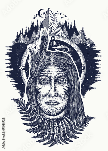 Old indian man tattoo and t-shirt design. Mountains, outdoors. Native american old man tattoo. North American Indian t-shirt design. Symbol warrior, tribe, shaman