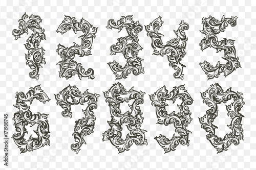 Numbers medieval renaissance vintage style. Ancient gothic numbers vector
