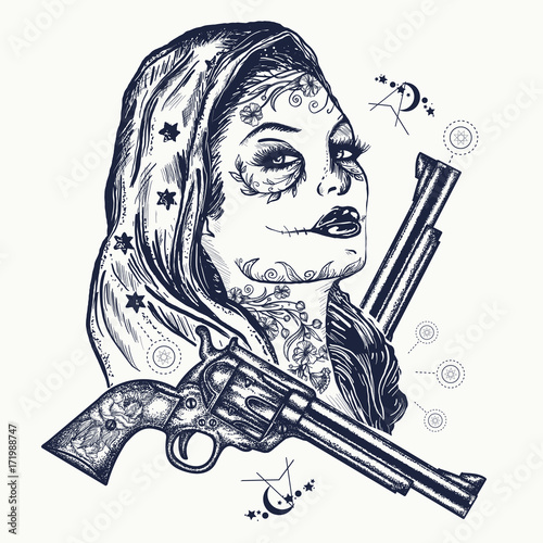 Wild west woman tattoo. Santa muerte girl. Sugar Skull. Santa Muerte mexican woman, old revolvers, crime scene . Mexican criminal  tattoo art and t-shirt design