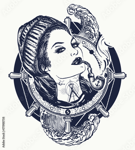 Canvas Print Woman sailor tattoo and t-shirt design