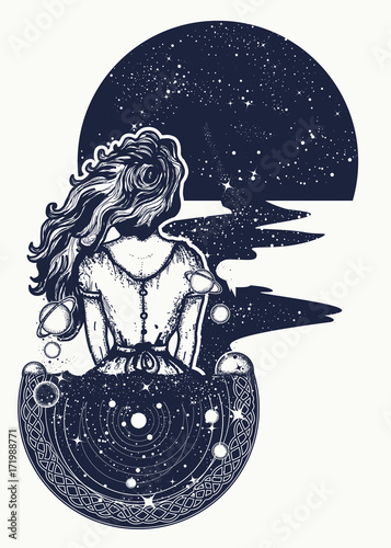 Magic woman tattoo and t-shirt design. Woman in space tattoo art. Surreal girl sinks in universe. Symbol of magic, poetry, esoterics, astrology. Girl and space, goodnes woman and galaxy t-shirt design