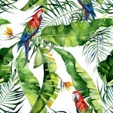 Seamless watercolor illustration of tropical leaves, dense jungle. Scarlet macaw parrot. Strelitzia reginae flower. Hand painted. Pattern with tropic summertime motif. Coconut palm leaves. 