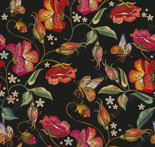 Embroidery butterfly and poppies seamless pattern. Beautiful butterfly and red poppies classical embroidery seamless background. Template clothes, textiles, t-shirt design