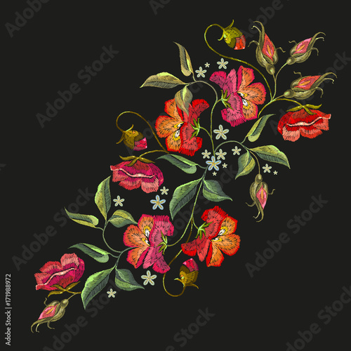 Embroidery roses flowers t-shirt design. Beautiful red roses classical embroidery on black background. Template for clothes, textiles, t-shirt design