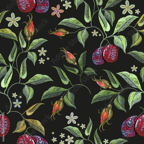 Embroidery plums floral seamless pattern. Classical embroidery ripe plums seamless pattern hand drawn fashion template for clothes