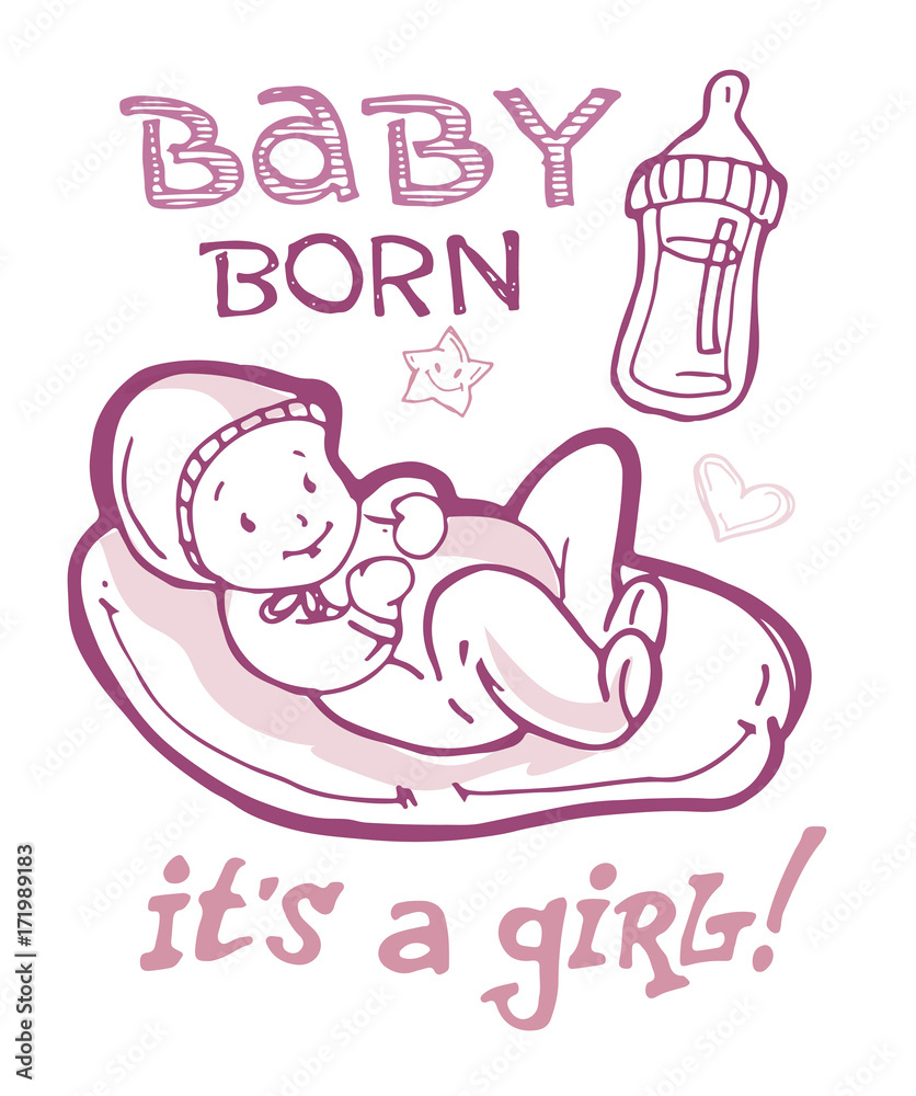 Doodle baby shower design vector illustration, hand drawn baby set. Its a girl.