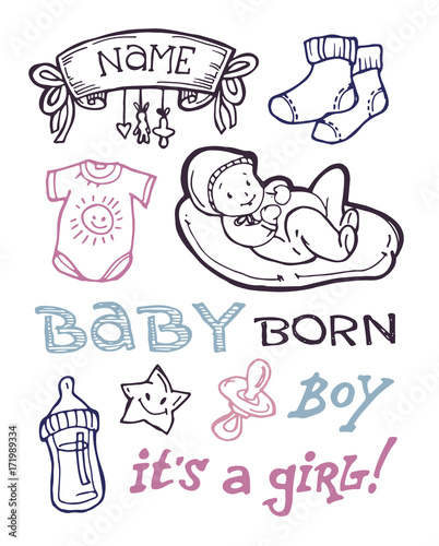 baby shower design vector illustration, hand drawn baby set.