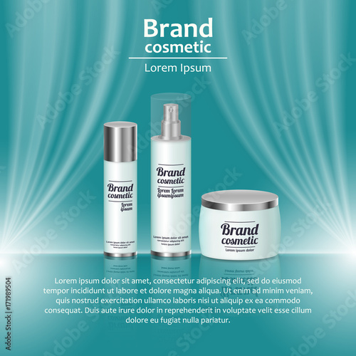 3D realistic cosmetic bottle ads template. Cosmetic brand advertising concept design with wavy light abstract background