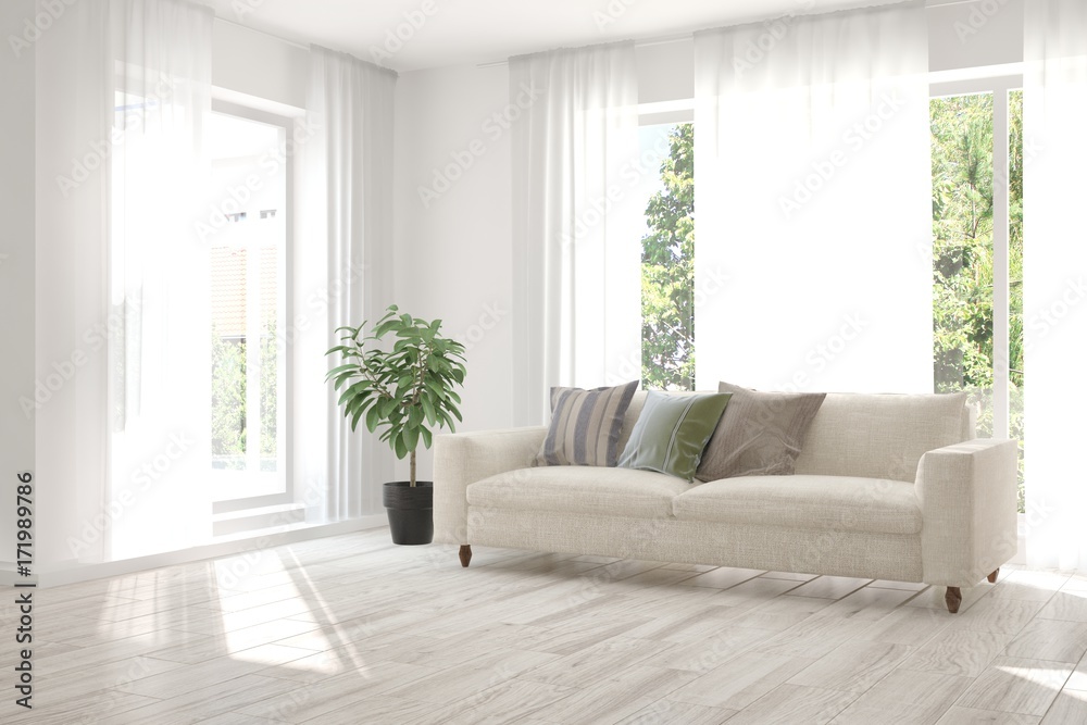 Idea of white room with sofa and summer landscape in window. Scandinavian interior design. 3D illustration - obrazy, fototapety, plakaty 