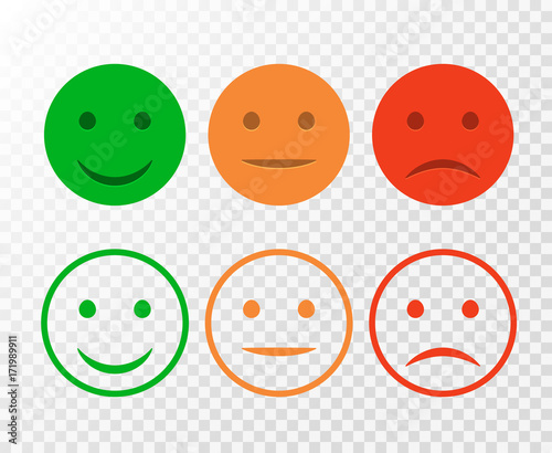 Smiley icon set. Emoticons positive, neutral and negative. Vector isolated red and green mood. Rating smile for customer opinion isolated