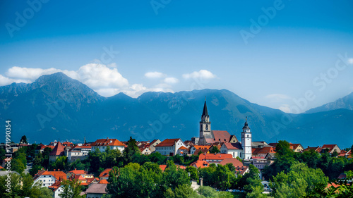View of Kranj city in Slovenia with mountains in the back
