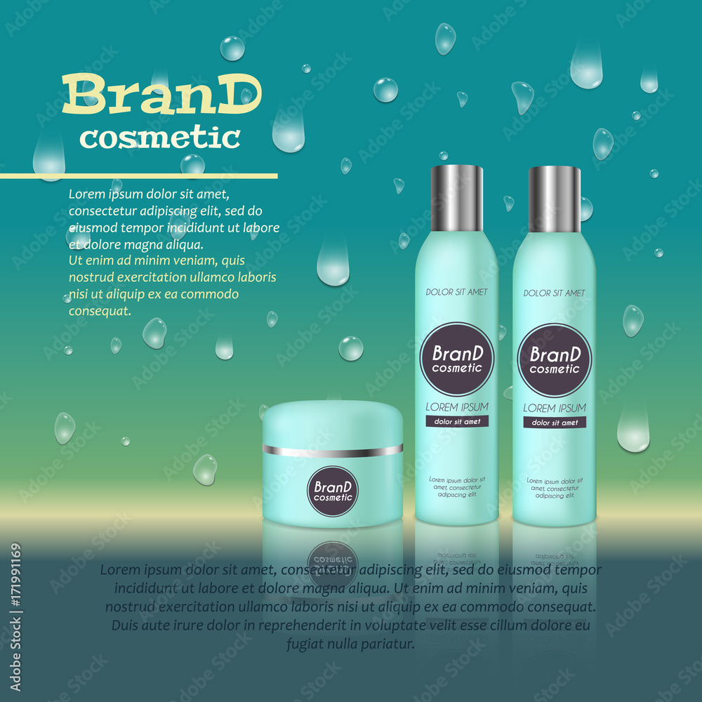 3D realistic cosmetic bottle ads template. Cosmetic brand advertising concept design with water bubbles and waterdrops background