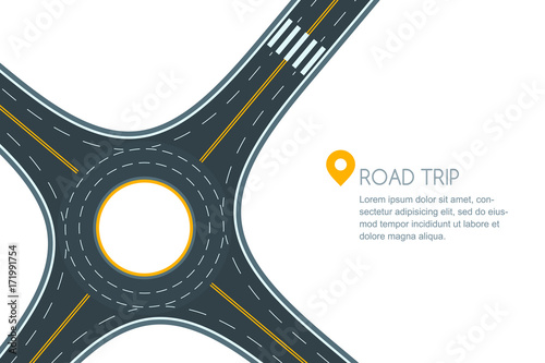 Roundabout road junction, isolated on white background. Vector flat style illustration with copy space. Empty asphalt crossroad with marking. Street traffic and transport design template. photo