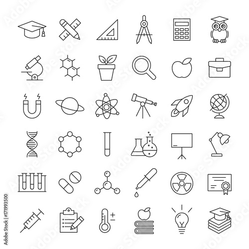 science laboratory equipments line black icons set