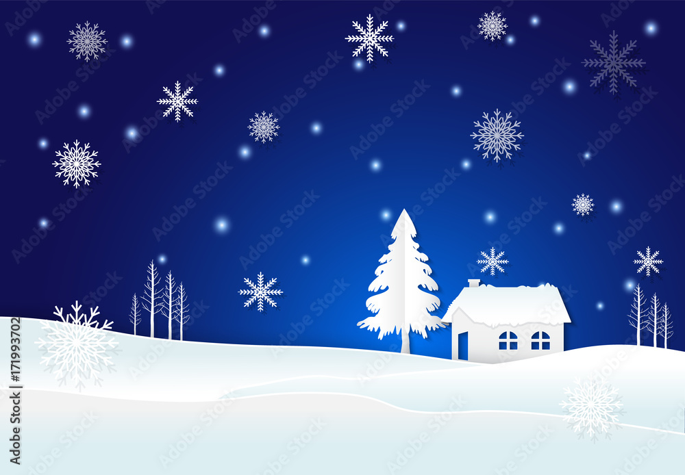Cottage with snow and snowflake in winter on blue background