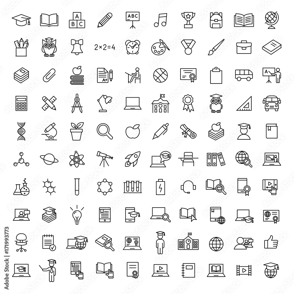 school, education and knowledge 100 bolt line black icons set