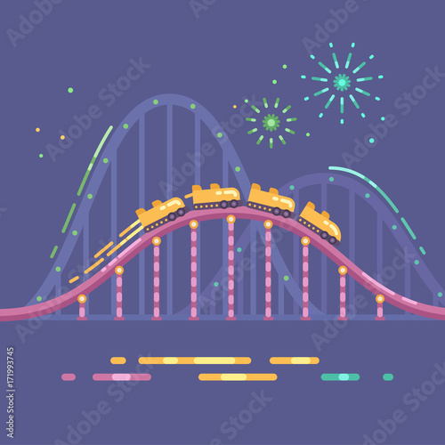 Amusement park flat illustration. Roller coaster and fireworks at night