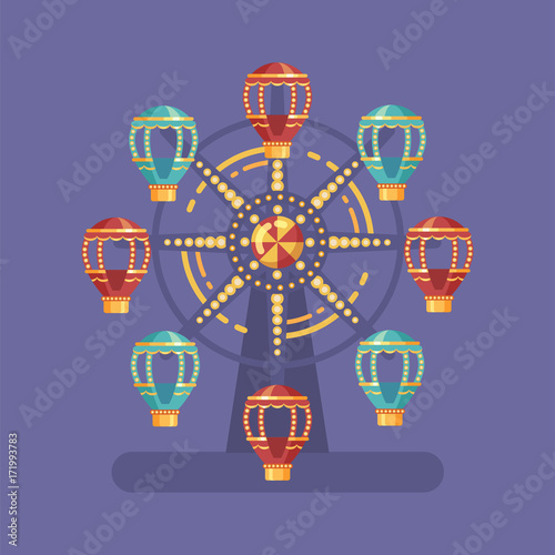 Funfair carnival flat illustration. Amusement park illustration with a Ferris wheel at night on blue background