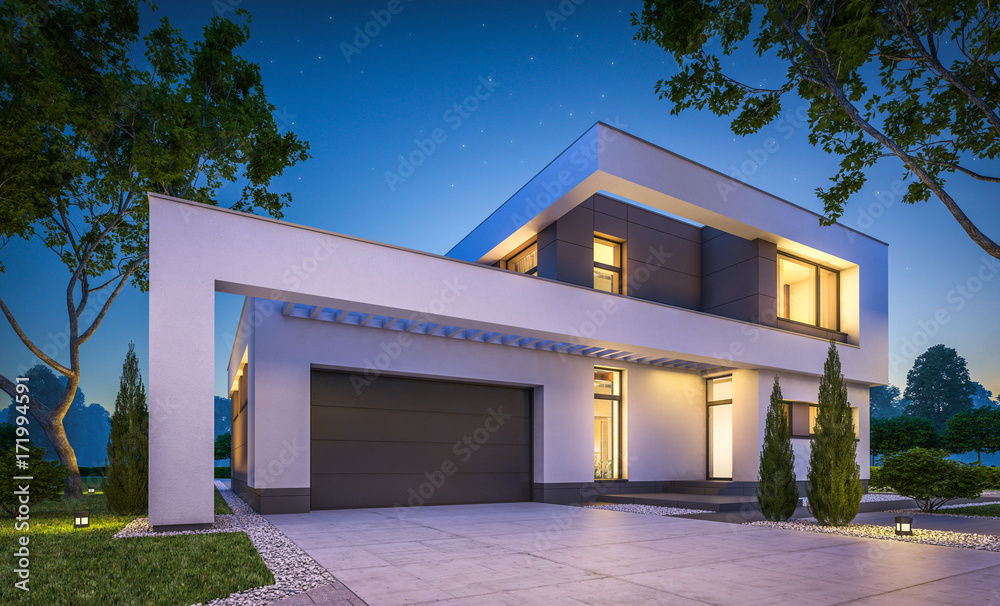 3d rendering of modern house at night Stock Illustration | Adobe Stock