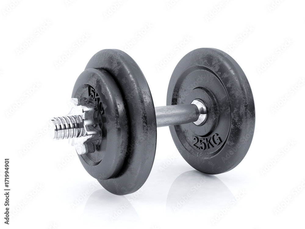 Naklejka premium Cast iron dumbbell on white background, 3D rendering