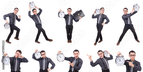 Funny businessman with clock isolated on white