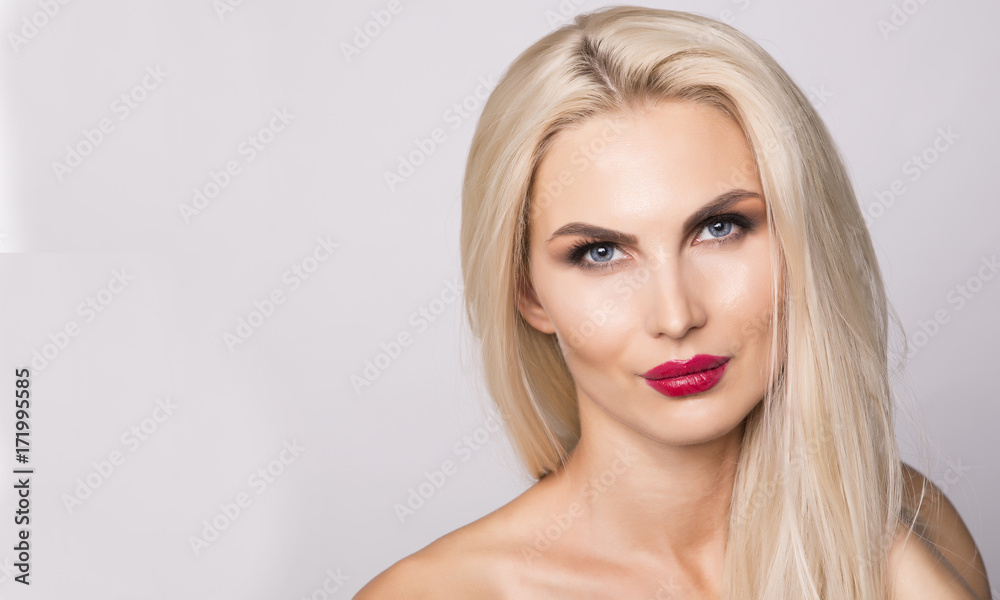 Blue eyes and red lips Stock Photo | Adobe Stock