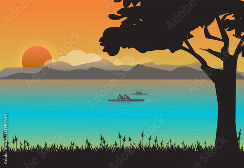 Canoe at lagoon, nature landscape background