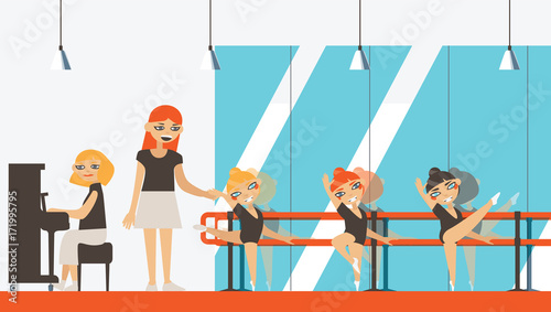 Vector interior in flat style with little ballerinas, teacher and musician playing piano. Ballet dancing studio with dance barre