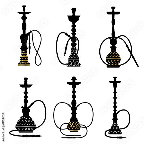 Hookah collection. Black and white logos. Vector silhouette with gold and silver patterns. Hookah label, emblem