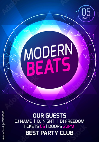 Modern sound party music poster. Electronic club deep music. Musical event disco trance sound. Night party invitation. DJ flyer poster