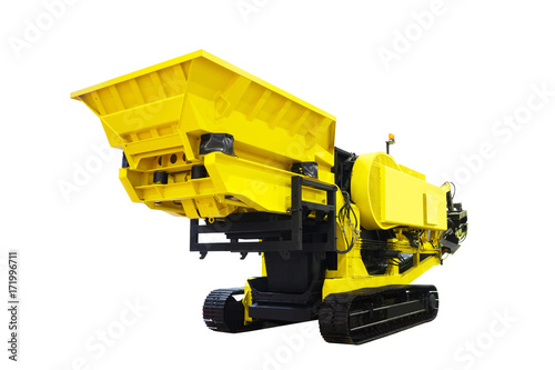 Bild auf Leinwand New russian powerful self-propelled stone crusher machine yellow color isolated