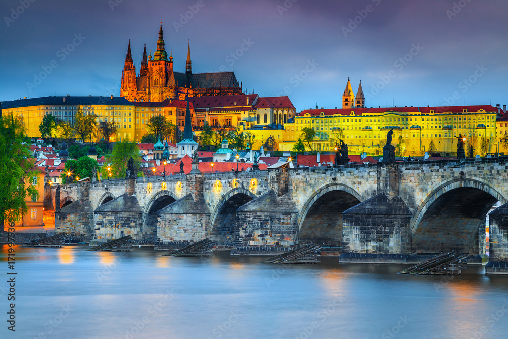 Amazing medieval stone Charles bridge and castle Prague, Czech Republic