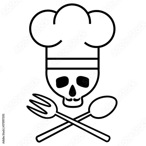Skull chef with mustache in chef s hat with crossed spoon and fork. Logo, icon. Black-and-white drawing. Vector Image.