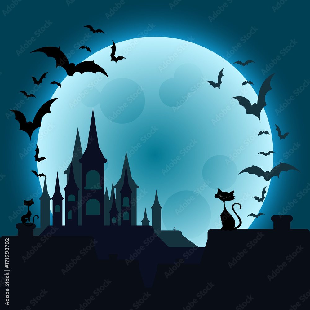 Halloween night landscape with moon,castle,cats and bats