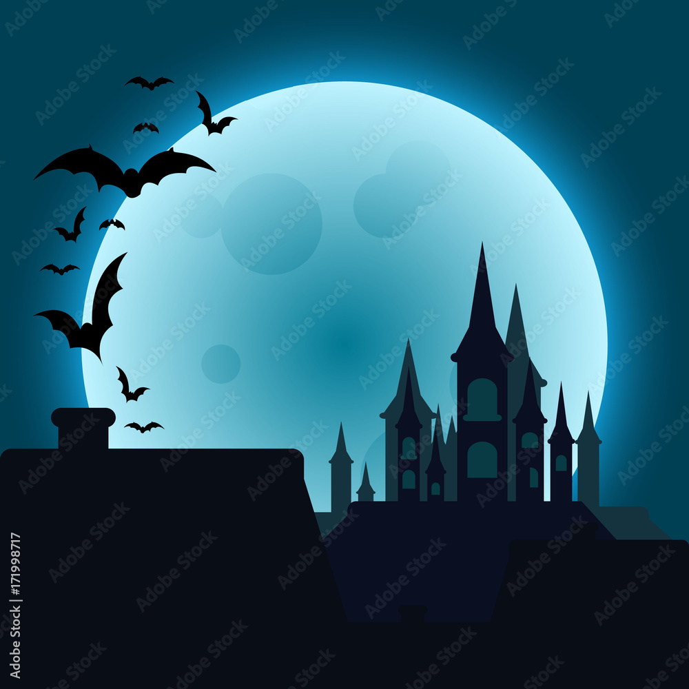 Halloween night landscape with moon,castle and bats